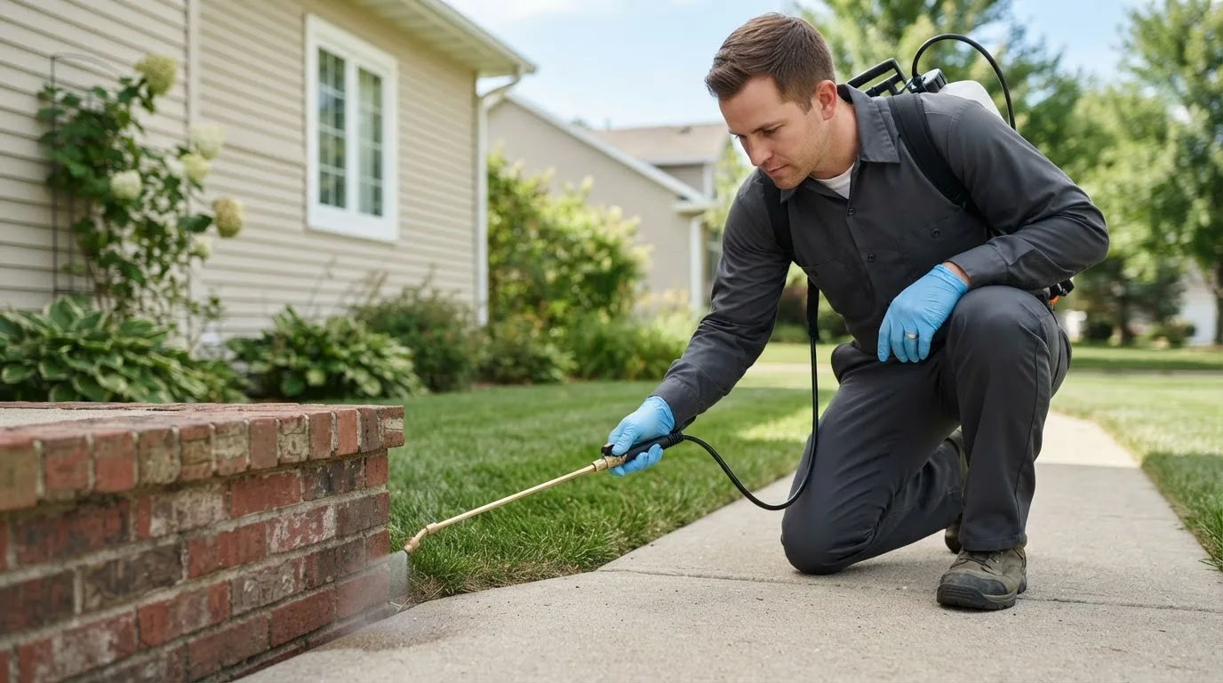 Pest control technician treating a home near Beemer, NE